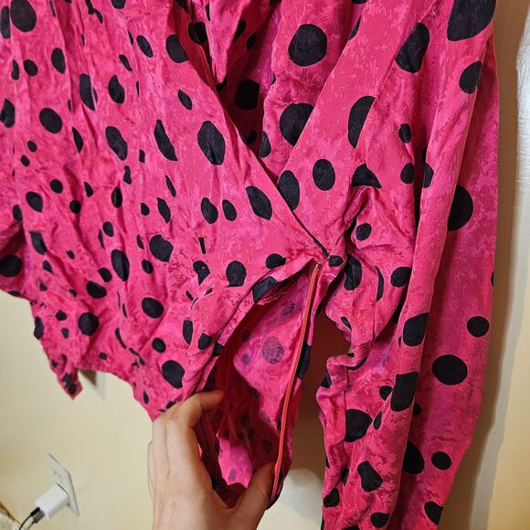 Collections By Michelle Stuart Size 6 100% Silk Polka Dot Pink Black Long Sleeve - Picture 7 of 9